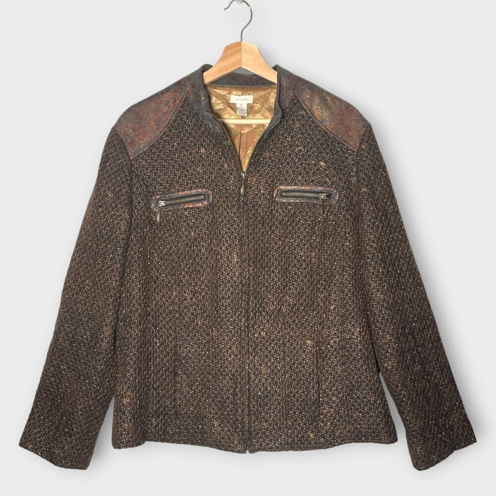 🦜 Chico's Metallic Jacket Sz 3 / XL Lined Full Zip Pockets Rustic Steampunk